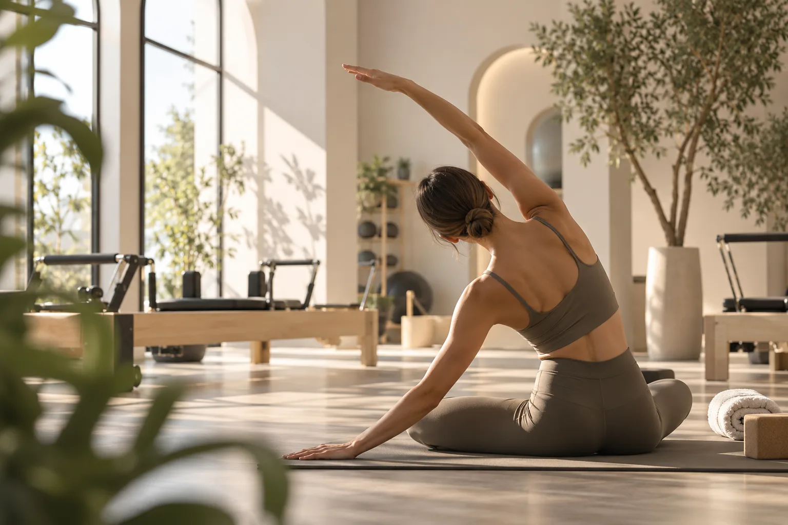 Estudio de Pilates moderno con una alumna practicando y equipamiento profesional