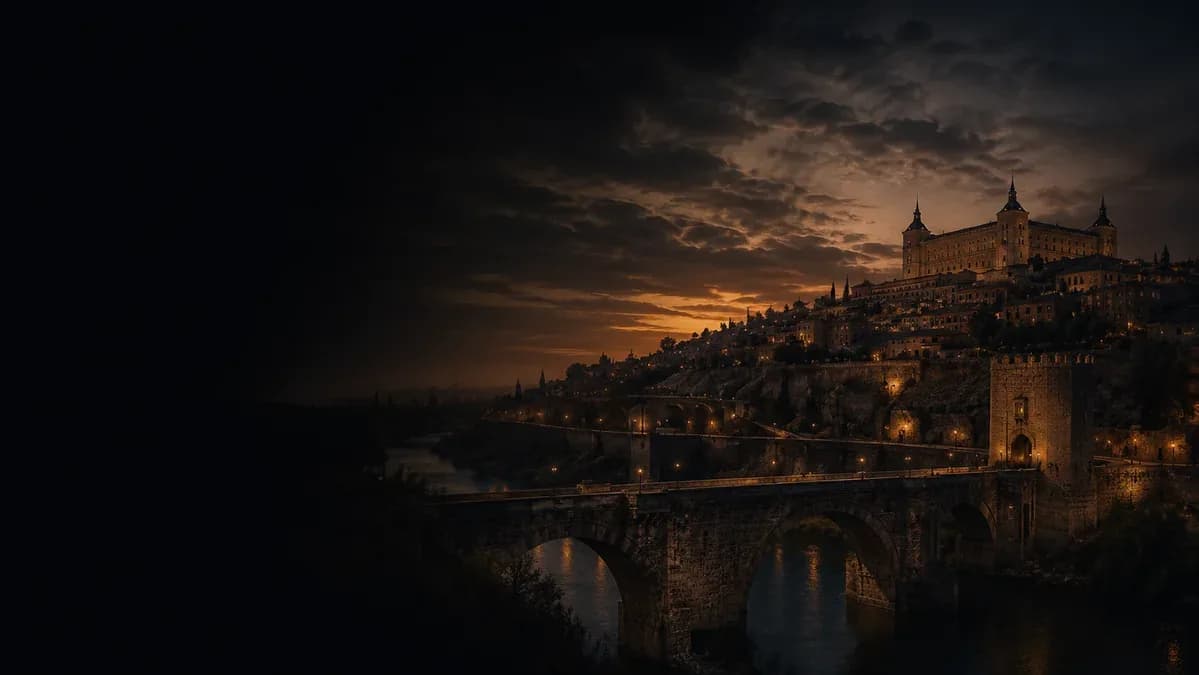 Vista de Toledo al anochecer con el puente de Alcántara y el Alcázar iluminados. Imagen de la web de Escape Street Toledo.
