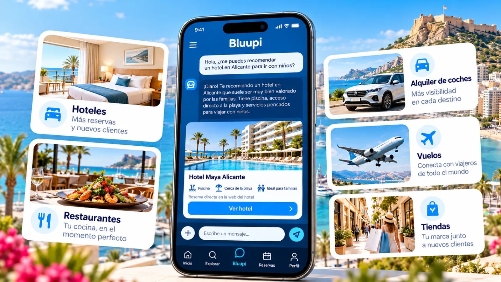 Asistente inteligente Bluupi mostrando recomendaciones de hoteles en Alicante, junto a servicios turísticos como restaurantes, alquiler de coches, vuelos y comercios.