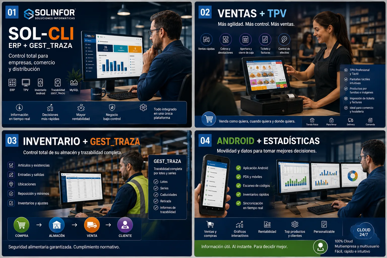 Folleto SOL-CLI ERP y GEST_TRAZA: gestión de comercio en tiempo real, decisiones rápidas y negocio bajo control desde una única plataforma