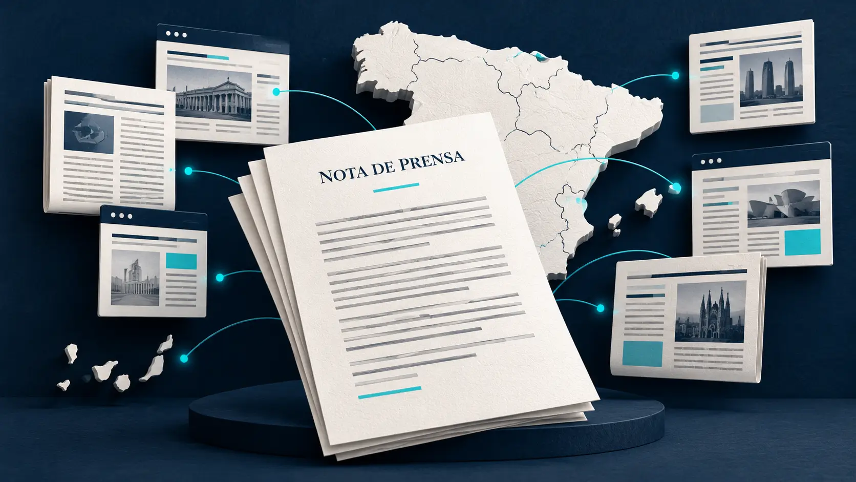 Una nota de prensa conectada con medios digitales sobre un mapa de España