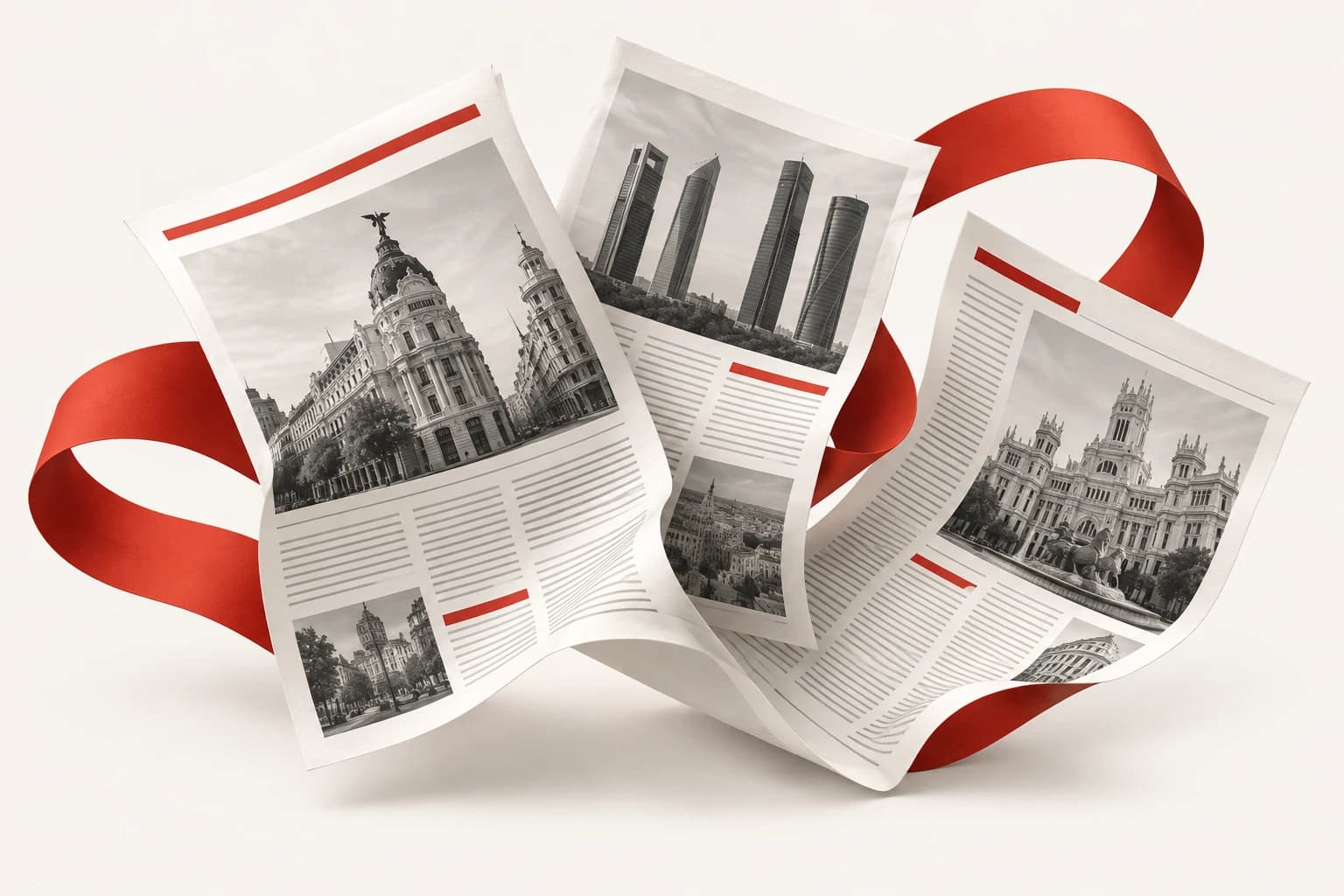 Ilustración editorial de periódicos desplegados con imágenes de Madrid y una cinta roja